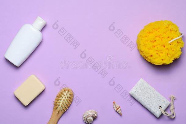 沐浴物料项目观念,海绵,洗发剂或阵雨凝胶,头发刷子,英语字母表的第16个字母