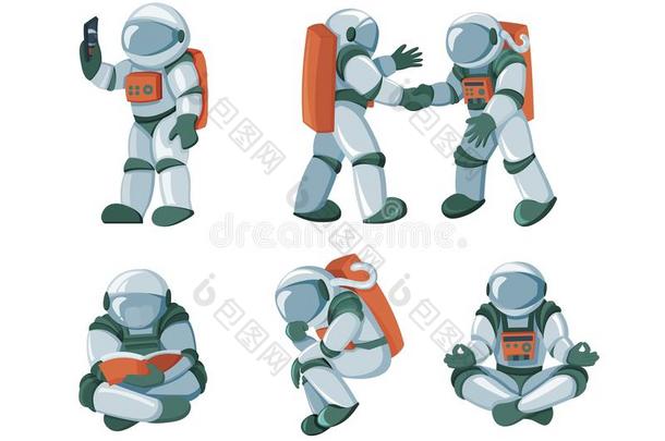 漫画太空船上的飞行员,俄国宇航员,太空服矢量放置隔离的向where哪里