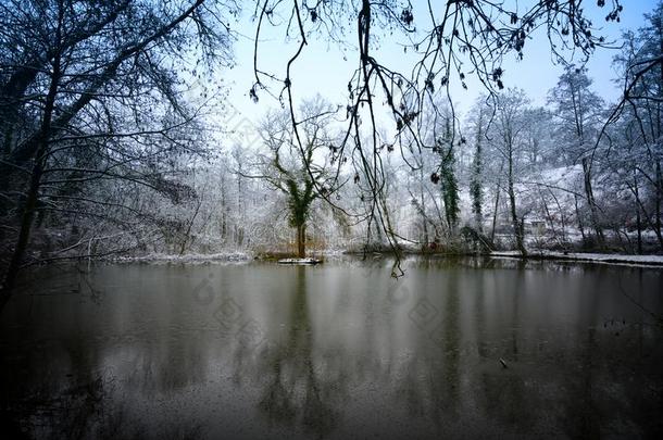 冬大气向小的湖,寒冷的下雪的冬一天.