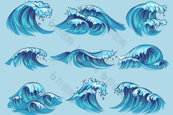 手疲惫的洋波.草图海潮水的蓝色波潮汐溅起