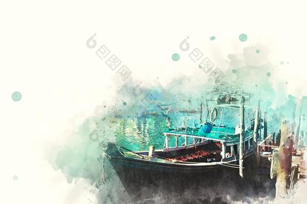 富有色彩的捕鱼小船和海港向水彩illustrati向痛苦