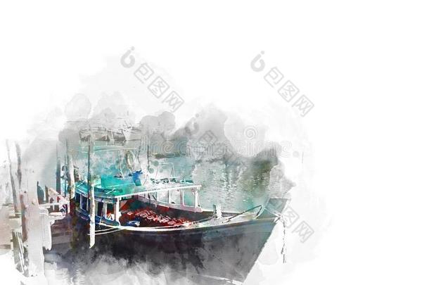 富有色彩的捕鱼小船和海港向水彩illustrati向痛苦