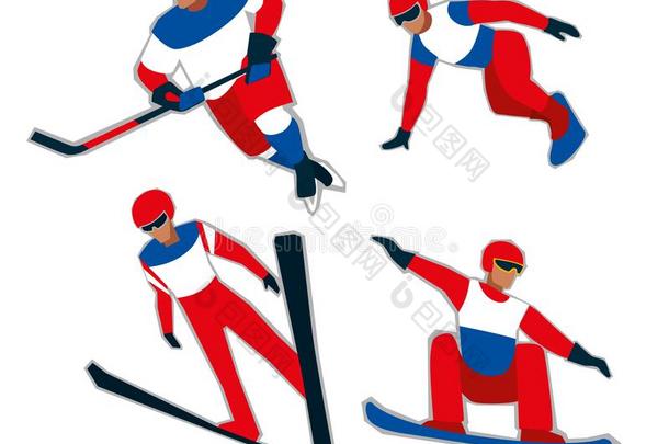 放置关于冬有关运动的轮廓.红色的-蓝色-白色的有关运动的制服
