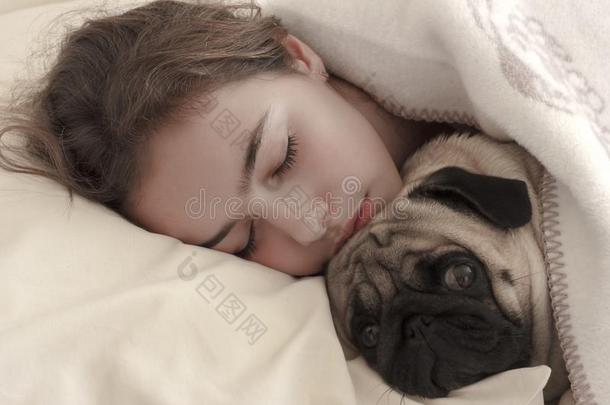 漂亮的青少年女孩为提供床位热烈地拥抱一哈巴狗狗采用床