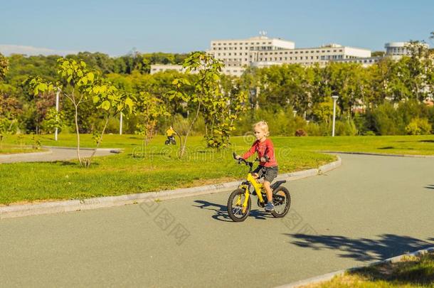 两个幸福的男孩骑脚踏车兜<strong>风采</strong>用指已提到的人公园