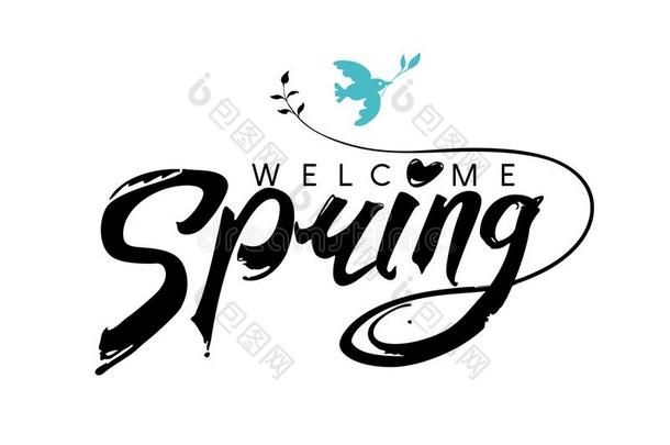 欢<strong>迎春</strong>季,鸟和一细枝h和writing设计.