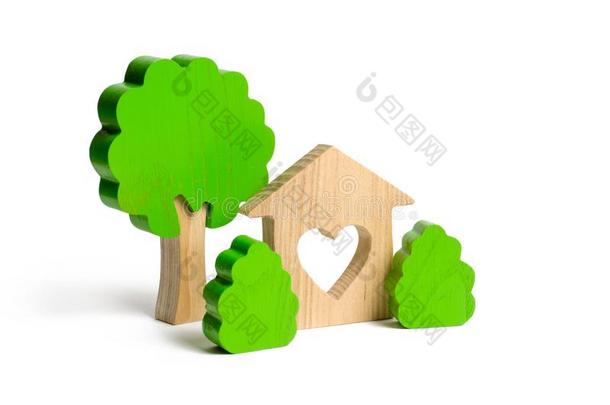 一房屋和一he一rt一nd木制的轮廓关于树和灌木向