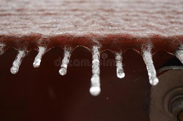 小的冷冻的冰柱悬荡从木材镶板