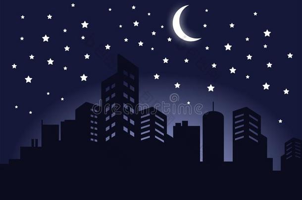 轮廓关于黑暗的城市建筑物夜风景<strong>矢量</strong>影像