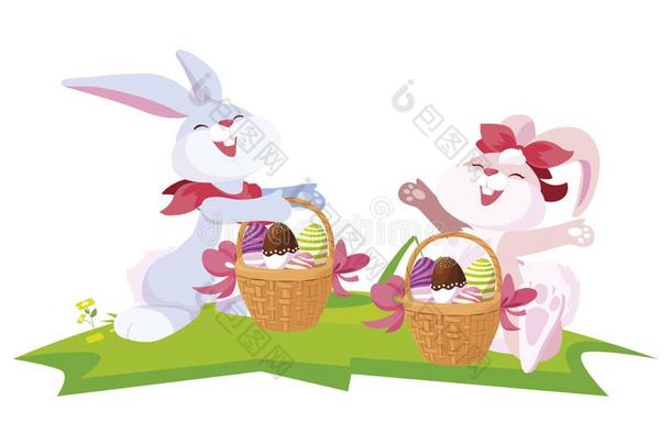 漂亮的兔子对和卵描画的采用篮