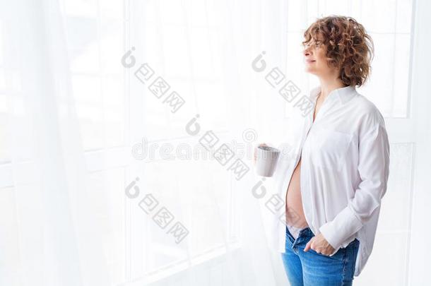 美丽的怀孕的女孩静止的在家.美丽的怀孕的女孩