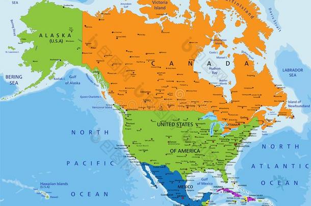 富有色彩的北方美洲政治的地图和明亮地标记的,separatum分别地