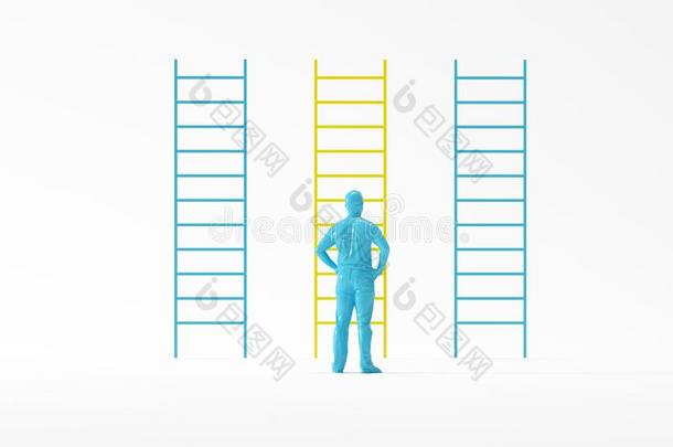 年幼的男人有样子的黄色的<strong>梯子</strong>经过蓝色<strong>梯子</strong>s向白色的背