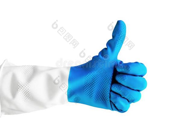手采用蓝色橡胶手套,给看拇指在上面隔离的向一白色的b一