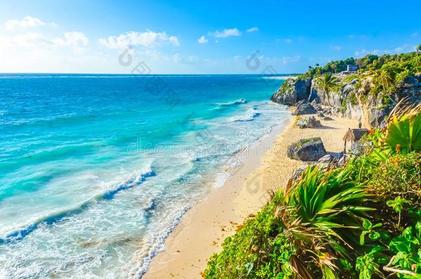 天堂海滩在玛雅人的毁坏关于图卢姆,昆塔纳袋鼠,<strong>墨西哥</strong>.妈