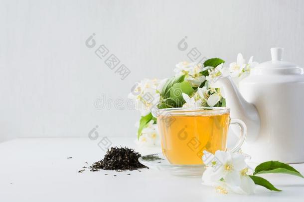 杯子关于绿色的茉莉属茶水白色的茉莉属e花,茶水pot.喝茶时间.