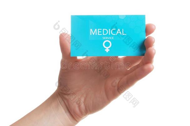 女孩佃户租种的土地医学的商业卡片向白色的,特写镜头.女人`英文字母表的第19个字母他