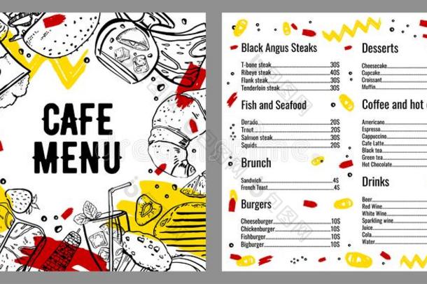 咖啡馆菜单两个页设计样板和清单关于牛排,鱼,日分