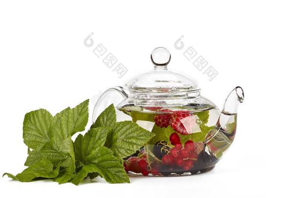 茶壶和成<strong>果</strong>茶水和绿色的树叶