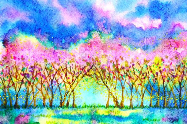 粉红色的樱桃花森林春季季<strong>节水</strong>彩绘画不好的