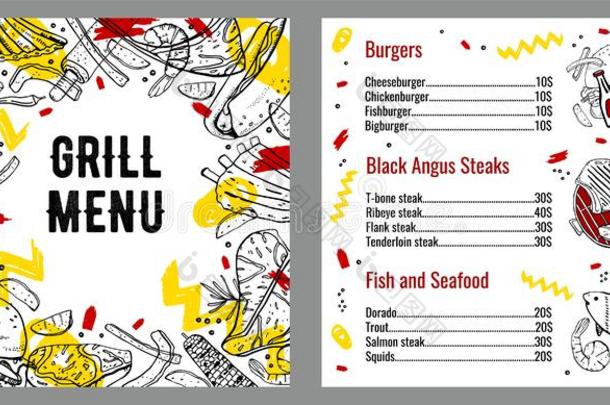<strong>烧烤菜单</strong>两个页正方形设计样板和清单关于肉,Finland芬兰
