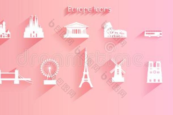 旅行偶像放置关于<strong>欧洲建筑</strong>学象征向粉红色的背景