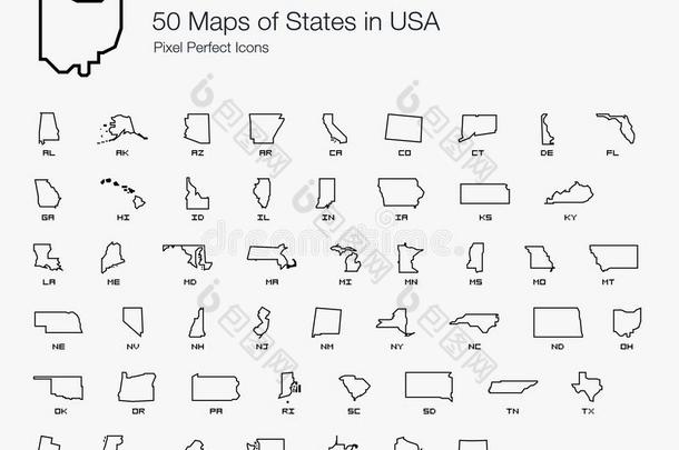 全部的50美利坚合众国国家地图像素完美的偶像线条方式.