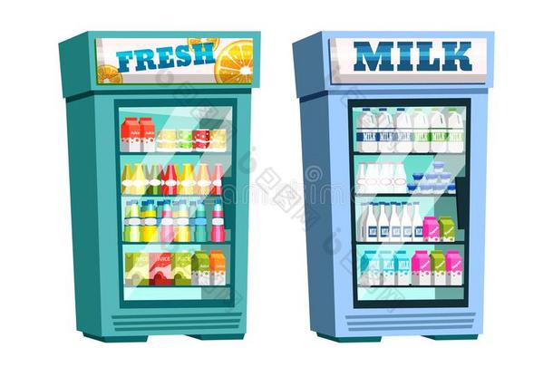 超级市场架子,电冰箱和新鲜的饮料和奶.