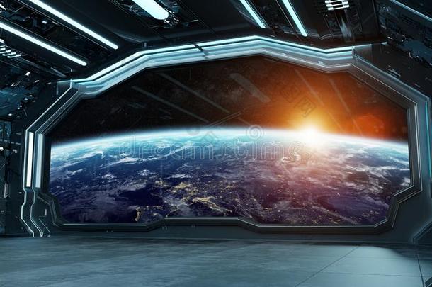 黑暗的蓝色宇宙飞船未来的内部和窗看法向计划