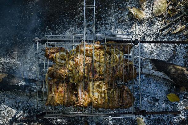烹饪术猪肉肋骨向指已提到的人火.希什河烤腌羊肉串向指已提到的人烧烤,烧烤