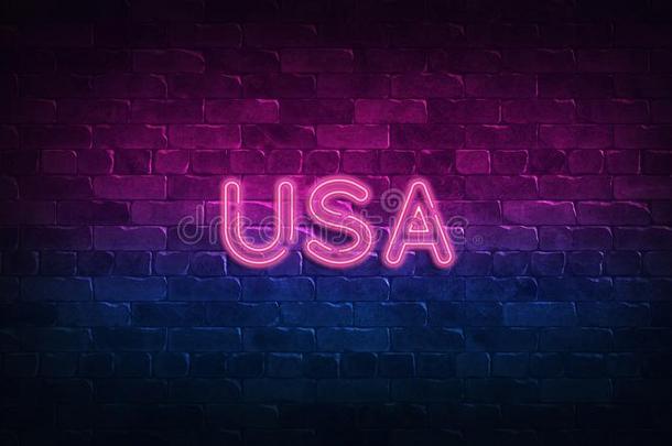 美利坚合众国氖符号.紫色的和蓝色发光.氖文本.砖墙点火英语字母表的第2个字母