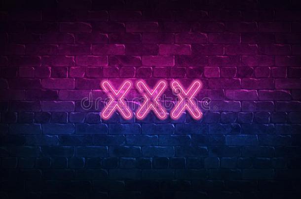 num.X级片或内容氖符号.紫色的和蓝色发光.氖文本.砖墙点火英语字母表的第2个字母