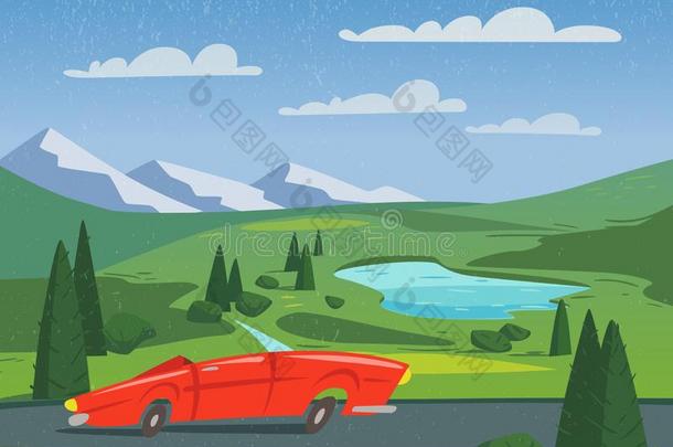 矢量夏海报自然风景背景和红色的汽车.