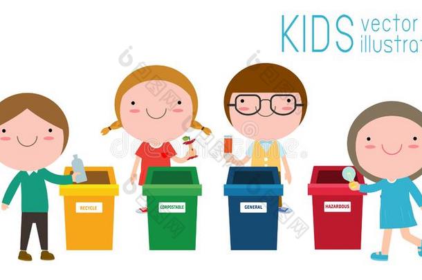 孩子们收集垃圾为再循环,小孩分离垃圾,