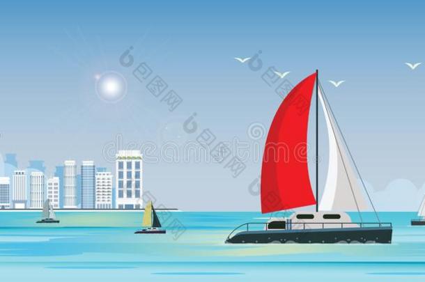 蓝色海看法和奢侈帆船运动船快艇采用指已提到的人海向城市