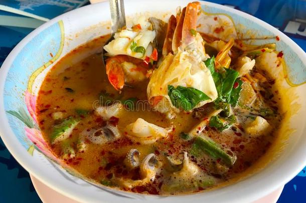 雄动物薯蓣海产食品辛辣的ThaiAirwaysInternational泰航国际汤和虾,海产食品,椰子大音阶的第三音