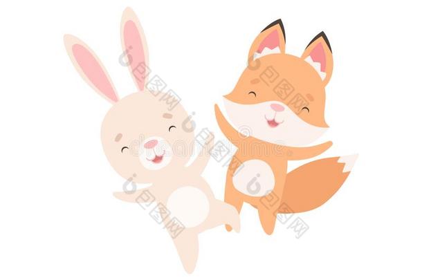 可爱的白色的小的兔子和狐幼小的兽快乐地用于跳跃的,漂亮的最好的
