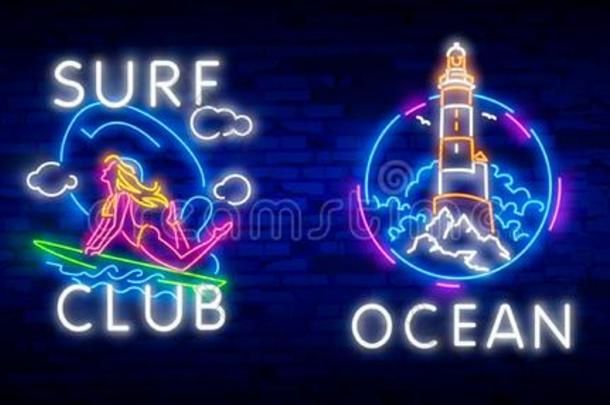 冲浪运动海报采用氖方式.Glow采用g符号为海浪俱乐部或商店