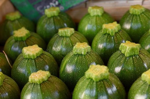 关在上面新鲜的绿色的夏季产南瓜之一种向零售展览