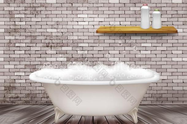 奢侈酿酒的浴缸和肥皂起泡沫采用浴室.