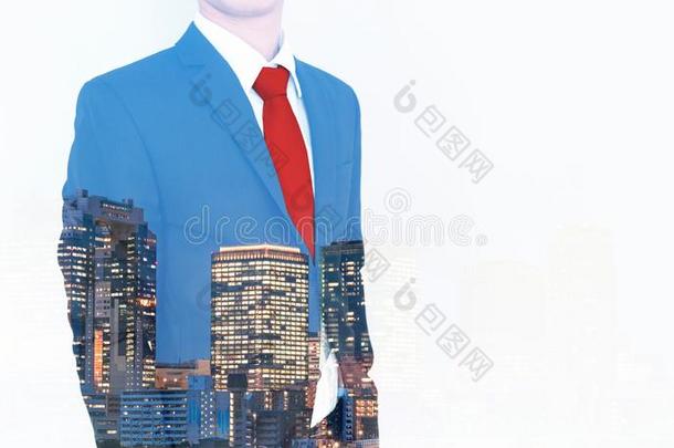 商业观念.商业man采用蓝色一套外衣和红色的领带,和