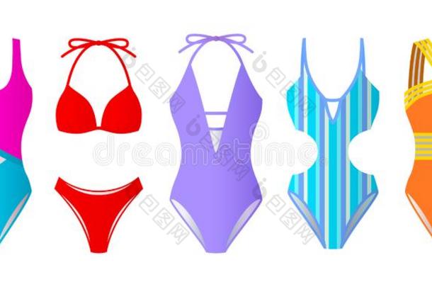 放置关于女人游泳衣,富有色彩的比基尼式游泳衣和单比基尼式女式游泳衣,海滩凝结