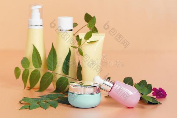 空白的瓶子包装和自然的化妆品乳霜,血清,护肤品