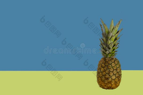 一菠萝向彩色粉笔蓝色一黄色的背景.最小的成果英语字母表的第3个字母
