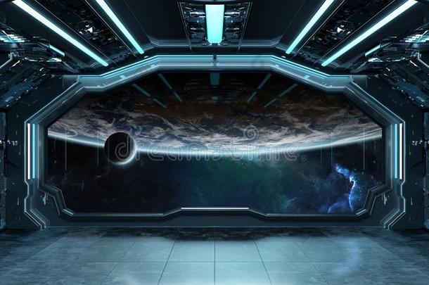 黑暗的蓝色宇宙飞船未来的内部和窗看法向计划