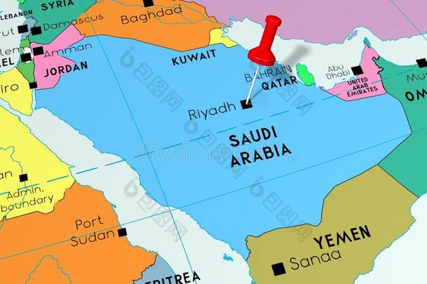 沙特阿拉伯国家的阿拉伯半岛,利雅得-首都城市,用针别住向政治的地图