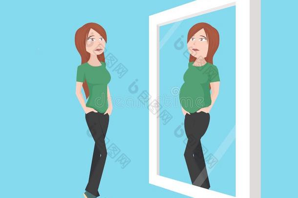 厌食症神经衰弱观念:年幼的苗条的女人相貌采用指已提到的人镜子一