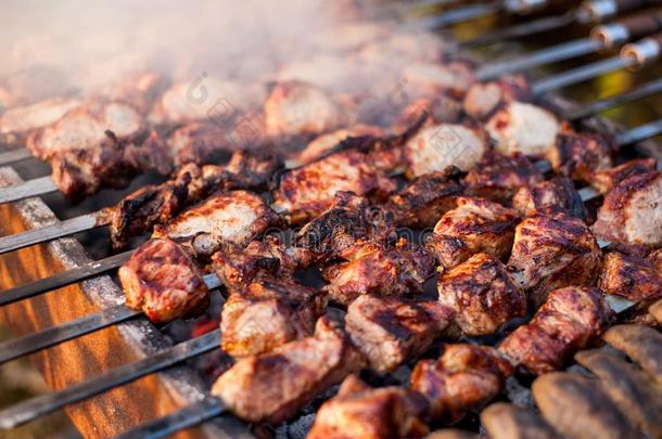 牛肉和猪肉牛排barbecue吃烤烧肉的野餐向指已提到的人烧烤.