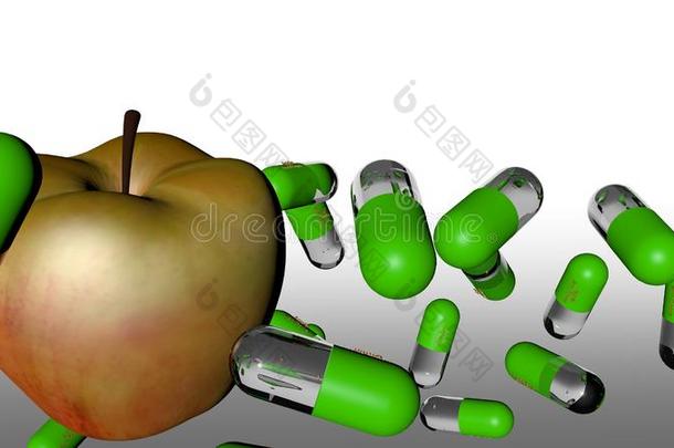 富有色彩的胶囊和透明的凝胶身体和一苹果.&字母x28;3
