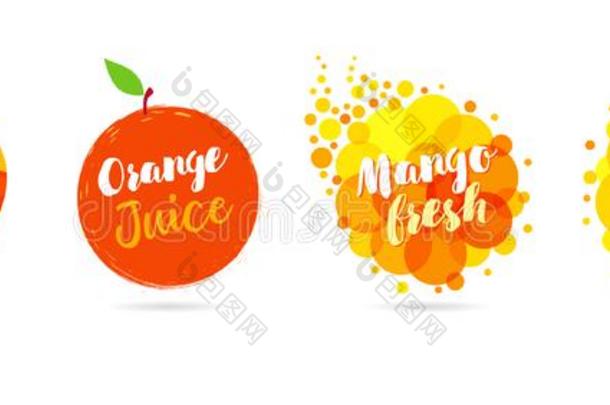 新鲜的苹果,芒果,柠檬和桔子果汁标识放置设计
